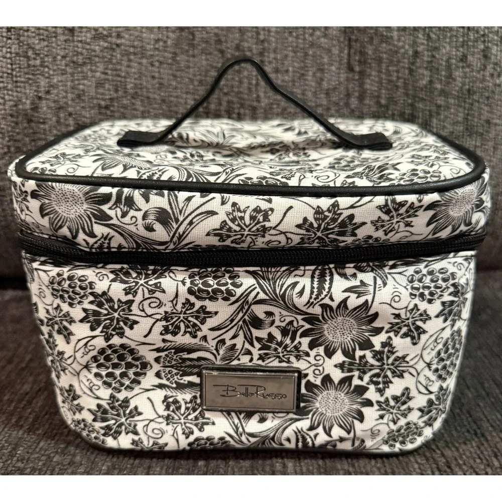Bella Russo Makeup Bag Black White Floral Design Zipper Closure Handle Charms